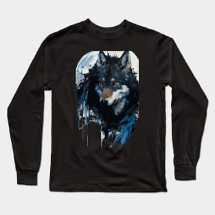 Wolf Howling at the Full Moon in Ink Painting Style Long Sleeve T-Shirt